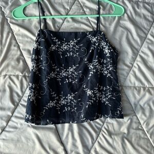 Embroidered Floral Camisole - Navy and White